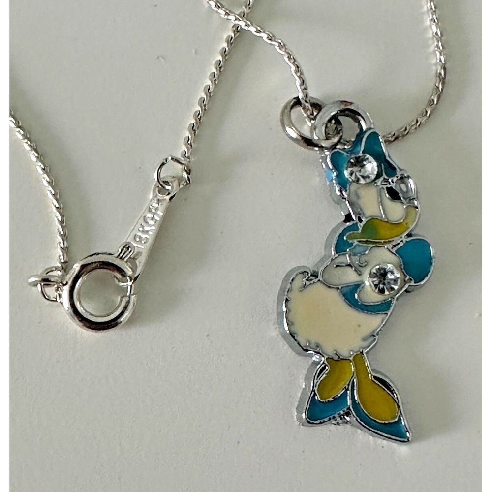 Disney Daisy Duck Charm Necklace 18k White Gold Plated 16" Chain Crystals